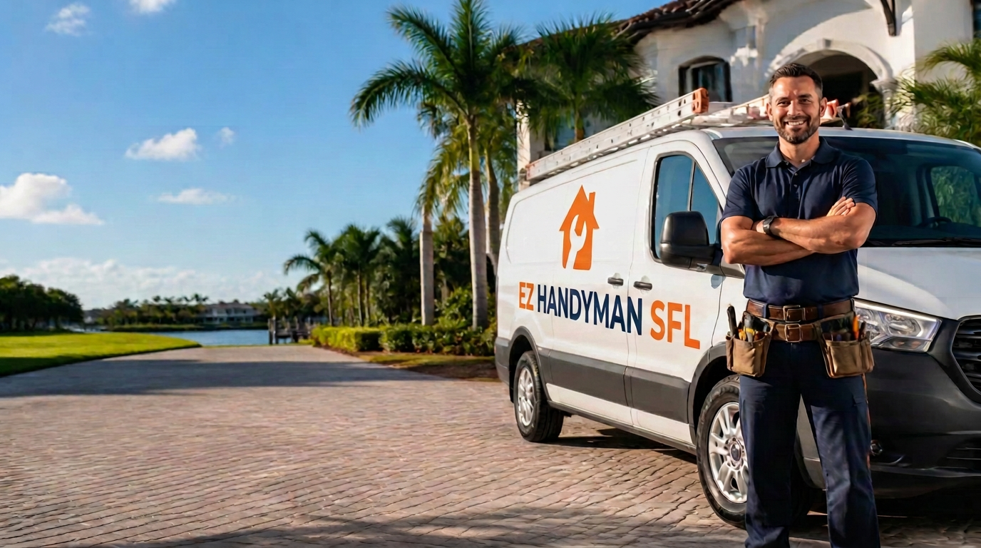 EZ Handyman SFL technician standing beside a branded work van at a South Florida home